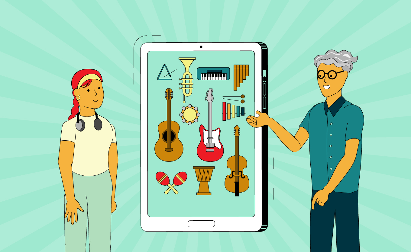 Mentor zeigt Schülerin auf einem Smartphone verschiedene Musikinstrumente