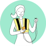 Elektronikerin mit Arbeitsweste und Elektrokabel in der Hand