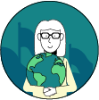 Illustration einer Frau mit Brille und einem Globus im Arm