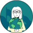 Illustration einer Frau mit Brille und einem Globus im Arm